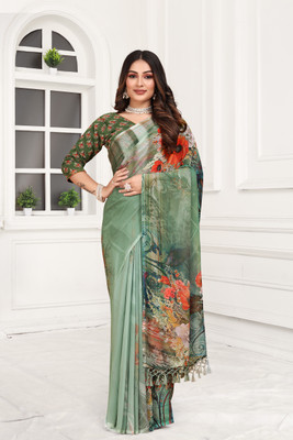 Pranamita Digital Print Bollywood Polyester Saree(Dark Green)