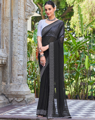 SIRIL Dyed Bollywood Georgette Saree(Black, Silver)