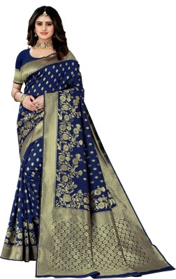 fFASHION Woven Banarasi Pure Silk, Art Silk Saree(Dark Blue)