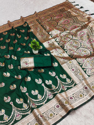 Sindharat Fashion Woven, Embroidered Banarasi Cotton Silk Saree(Green)