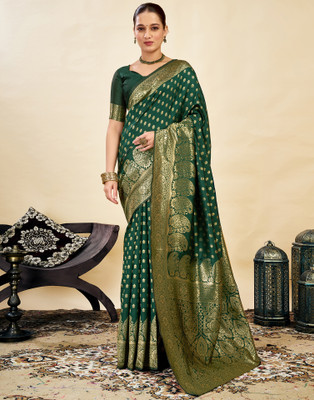 Samah Woven, Embellished Banarasi Silk Blend Saree(Green)