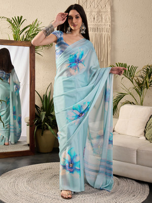 Sareemall Printed Hand Batik Georgette Saree(Light Blue)