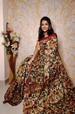 PoojaCreation Digital Print Kalamkari Linen Saree(Multicolor)