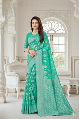 Samai Printed Banarasi Cotton Blend Saree(Light Blue)