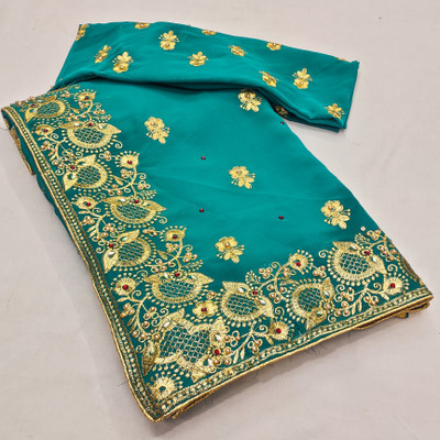 KHRITI FAB Embroidered, Floral Print Bollywood Georgette Saree(Light Blue)