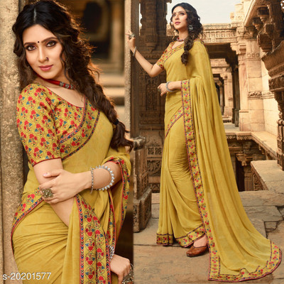 MEETVIN COUTURE Printed Bollywood Georgette, Chiffon Saree(Yellow)