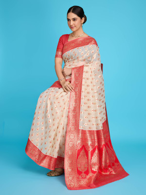 VIRDHI TEXTILE Printed, Self Design, Embellished, Woven, Geometric Print Banarasi Jacquard, Linen Saree(Cream, Red)