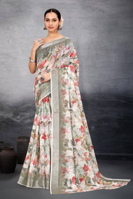 HouseOfCommon Floral Print Bollywood Cotton Linen Saree(Multicolor)