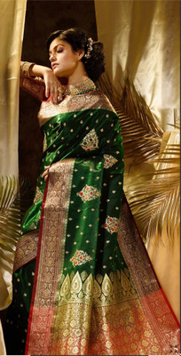 HouseOfCommon Embroidered Banarasi Satin Saree(Green)