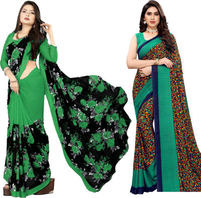 Priyashi Printed Daily Wear Georgette Saree(Pack of 2, Green)