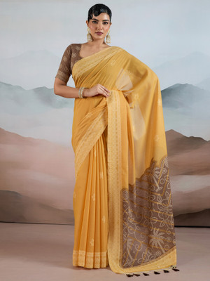 House of Pataudi Woven Banarasi Pure Cotton Saree(Mustard)