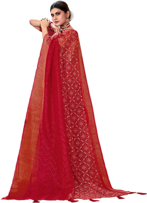 Akhilam Embroidered Bandhani Silk Blend Saree(Red)