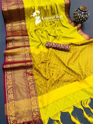 AVANTIKA FASHION Printed, Temple Border, Woven, Embellished Banarasi Art Silk, Cotton Silk Saree(Light Green, Maroon)