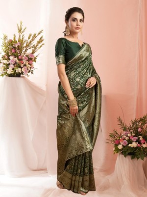 Divastri Floral Print, Woven, Geometric Print Banarasi Jacquard Saree(Dark Green)