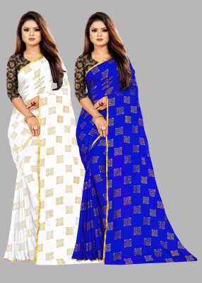 V And V Shop Printed Bollywood Chiffon Saree(Pack of 2, White, Blue)