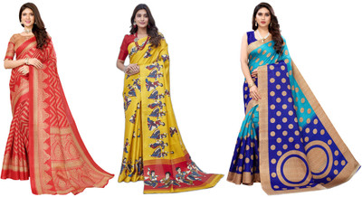 YASHIKA Printed, Woven Mysore Art Silk Saree(Pack of 3, Red, Yellow, Blue)