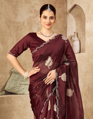 Satrani Woven, Embellished Bollywood Silk Blend Saree(Maroon)