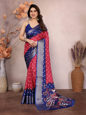 Moda Rapido Printed Bandhani Silk Blend Saree(Maroon, Blue)