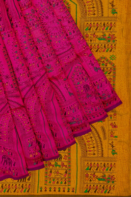 PRANATI ENTERPRISE Woven Kanjivaram Cotton Silk Saree(Pink, Yellow)