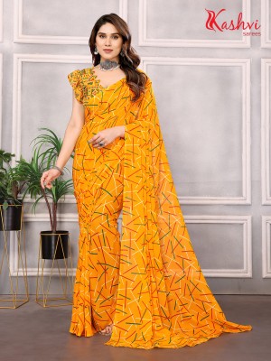 kashvi sarees Striped, Printed Bollywood Georgette Saree(Yellow)