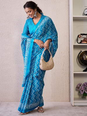 Sareemall Printed Pochampally Cotton Blend Saree(Light Blue)