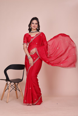 saanvi Solid/Plain, Self Design, Embroidered Bollywood Jimmy choo, Chiffon Saree(Red)