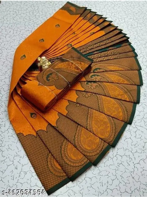 WILLMAKE Printed Bollywood Georgette Saree(Orange, Green)