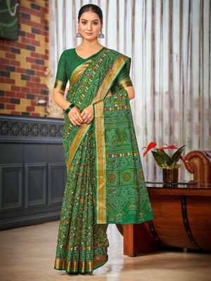 all about you Printed Bandhani Cotton Blend Saree(Green)