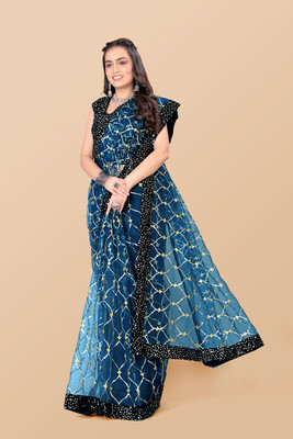 JAY RAMDEV FASHION Embroidered Bollywood Net Saree(Light Blue)