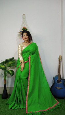 GOURISAREE Solid/Plain Saree with Attached Blouse Cotton Blend Saree(Green)