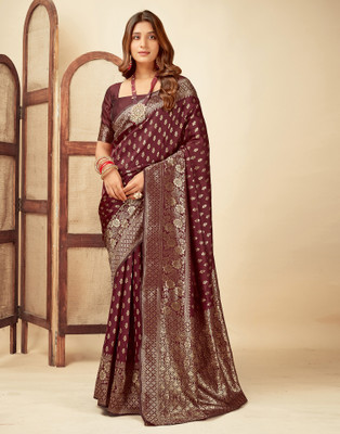 Samah Woven, Embellished, Self Design Banarasi Silk Blend, Jacquard Saree(Maroon, Gold)
