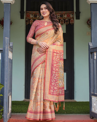 Tasrika Floral Print, Printed, Embellished Handloom Linen Saree(Pink, Beige)