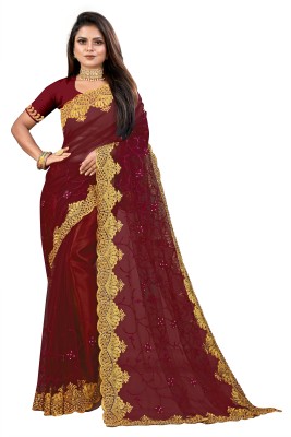 KHRITI FAB Embroidered, Floral Print Bollywood Net Saree(Maroon)