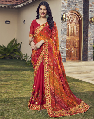 SIRIL Striped, Embellished Bandhani Georgette Saree(Red, Yellow, Multicolor)