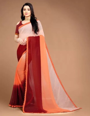 WOM BAB Embellished, Color Block, Dyed Bollywood Georgette Saree(Orange)