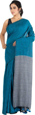 Bong ButiQ Solid/Plain Bollywood Handloom Cotton Blend Saree(Light Blue)