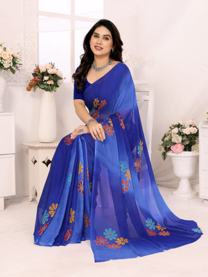 Soor Panchi Floral Print Daily Wear Georgette Saree(Blue)