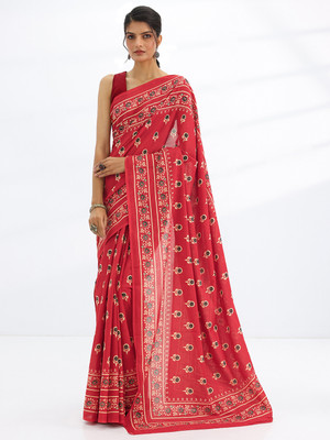 LIBAS Printed Daily Wear Cotton Blend Saree(Red)