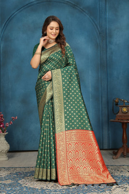 GARIYA Woven, Self Design, Temple Border Banarasi Silk Blend Saree(Green)