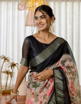 Satrani Floral Print, Printed, Woven Kota Doria Silk Blend Saree(Multicolor, Pink)