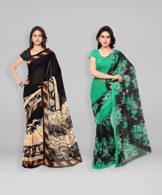 kashvi sarees Floral Print Bollywood Georgette Saree(Pack of 2, Green, Black)
