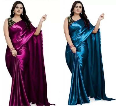 ARPITA FASHION SURAT Solid/Plain Bollywood Satin Saree(Pack of 2, Purple, Blue)