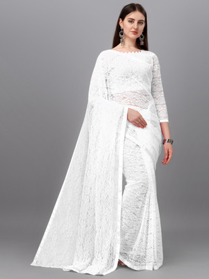 LOROFY Embellished Lucknow Chikankari Net, Lycra Blend Saree(White)