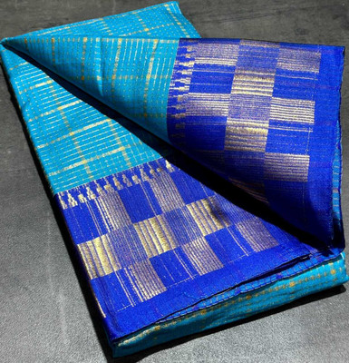 JbWorld Checkered, Woven, Self Design, Embellished Chettinadu Jacquard, Cotton Silk Saree(Light Blue, Blue)