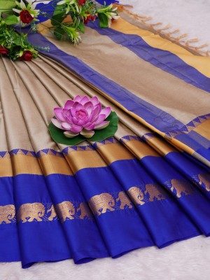 Fashion Club Collection Paisley, Self Design Banarasi Cotton Silk, Jacquard Saree(Cream, Blue)