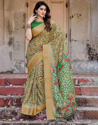 Satrani Printed, Woven, Embellished Kalamkari Tussar Silk Saree(Brown, Green)