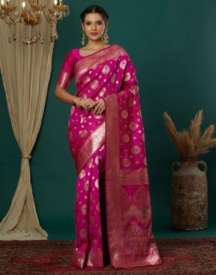 Samah Woven, Embellished Kanjivaram Silk Blend, Jacquard Saree(Magenta)