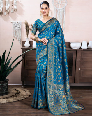Divastri Woven, Embellished Banarasi Silk Blend, Jacquard Saree(Blue)