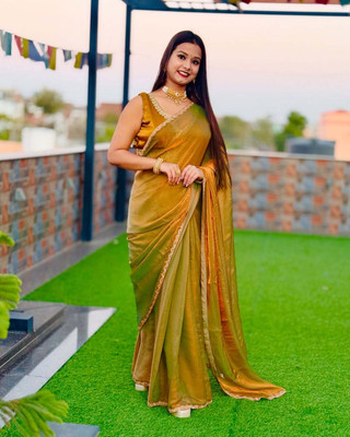 HouseOfCommon Embellished, Embroidered, Solid/Plain Bollywood Chiffon, Pure Silk Saree(Gold)