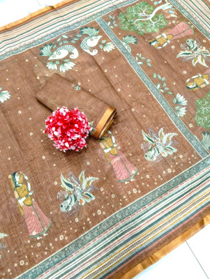 Saaransh Floral Print Kanjivaram Linen, Cotton Silk Saree(Brown)